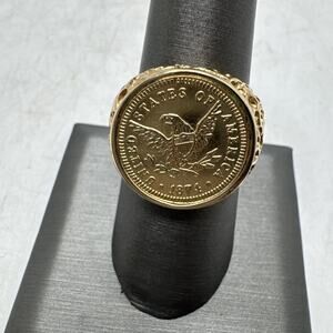 Vtg Sz 9 Ring Faux Coin Eagle Nugget USA Jewelry 18KGE Gold Electroplate